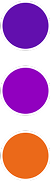 Three vertically aligned circles with white borders—dark purple at the top, medium purple in the center, and orange at the bottom—stand out on a black background, evoking a sense of analytics and care.